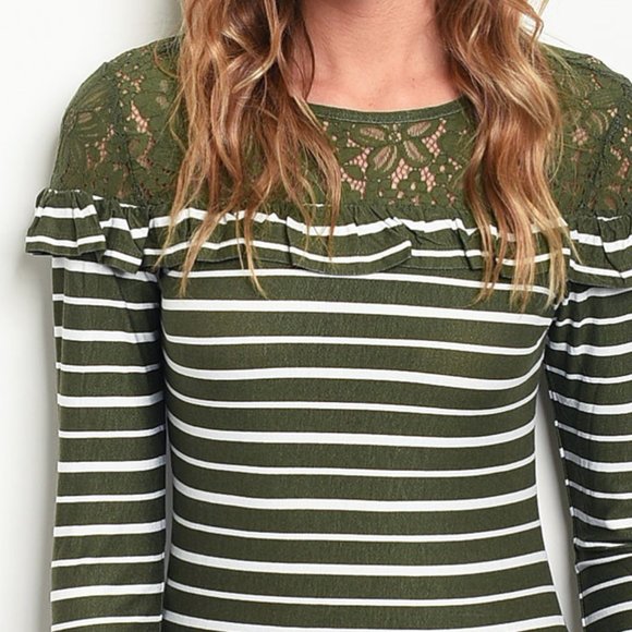Olive White Stripe Lace Ruffle Soft Stretch Top - Picture 5 of 7